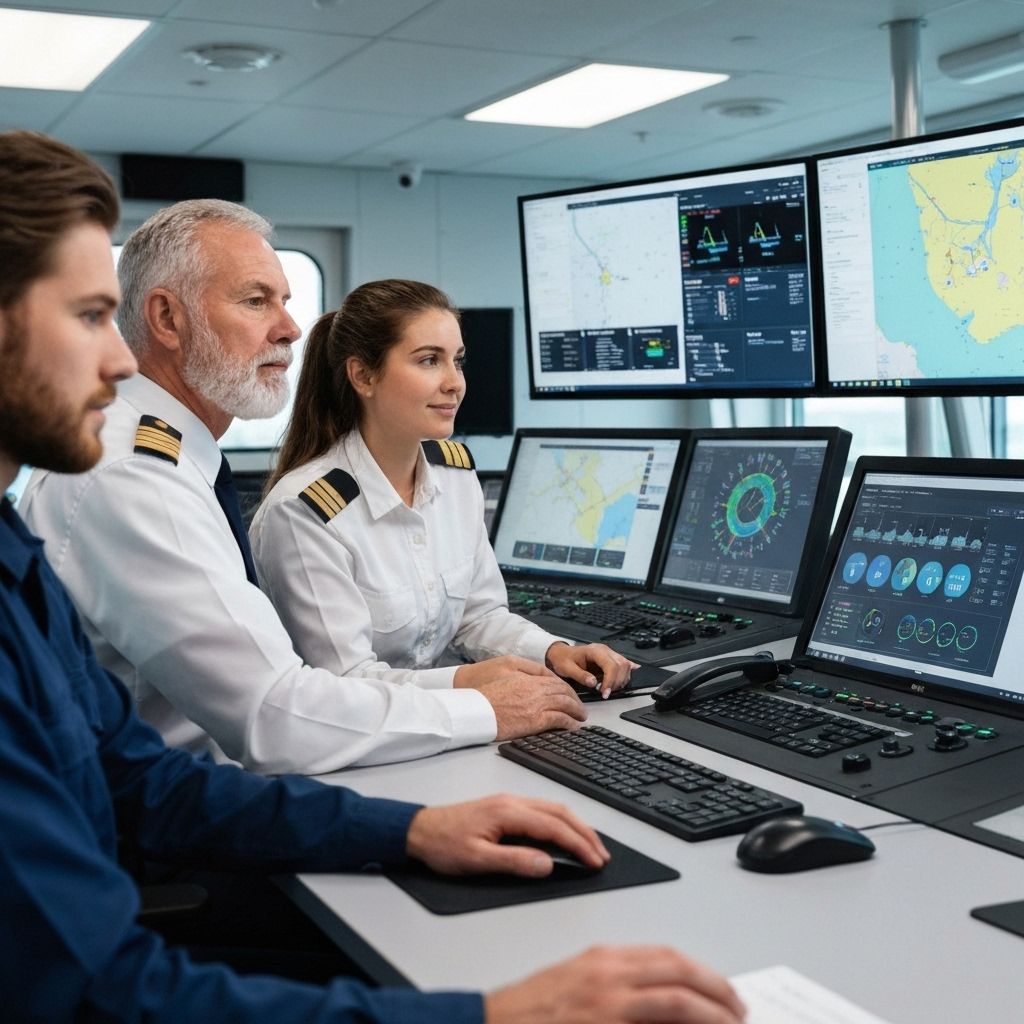 Maritime professionals using Vessel360 ship management software for fleet operations and vessel tracking